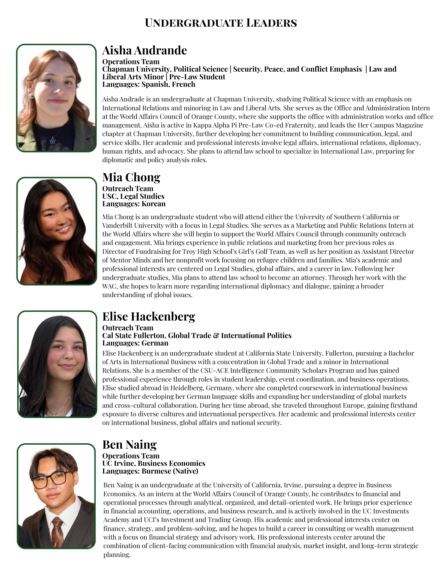 2026 Undergraduate Leaders